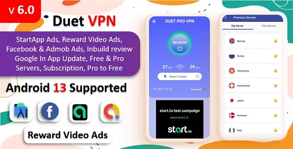 Duet Pro VPN App | Secure VPN App & Fast VPN | Subscription | StartApp Ads | Facebook & Admob Ads